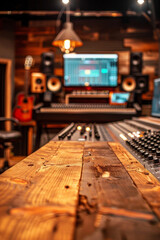 A wooden mixing desk in the foreground with a blurred background of a music studio. The background includes soundproof walls, musical instruments, and audio equipment.