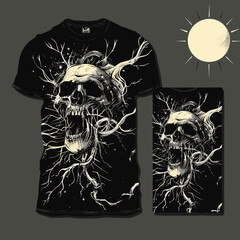 Wall Mural - T-shirt print design with skull and sun. Vector illustration