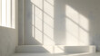 © john - Empty simple background for presentation with wall and podium. Sunlight from the window casts a shadow on light wall.