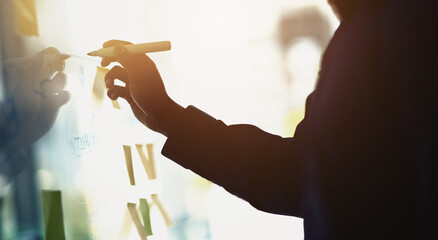 Aufkleber - Hand, business and person writing, whiteboard and brainstorming for project, company growth and startup development. Employee, consultant and agent with ideas, decision and planning with schedule