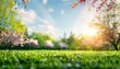 © Prompt2image - Beautiful blurred background image of spring nature with a neatly trimmed lawn surrounded by trees against a blue sky with clouds on a bright sunny day.