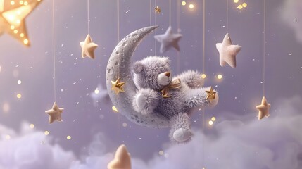 Wall Mural - A cuddly teddy bear sitting on fluffy clouds, surrounded by a glowing crescent moon and shimmering golden stars, creating a magical nighttime scene.