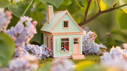 Wall Mural - A small pastel-painted toy house surrounded by freshly bloomed lilacs, signifying family warmth and the joy of home ownership in the spring.