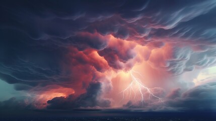 Wall Mural - dramatic huge clouds of thunderstorm on sky with sunset