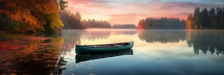 Canvas Print - A peaceful sunset scene on a calm lake with reflections and a rowing boat