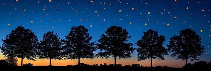 Wall Mural - A row of trees are silhouetted against a dark sky with a few stars visible