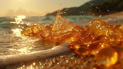 Poster - A beach scene with a splash of oil on the water