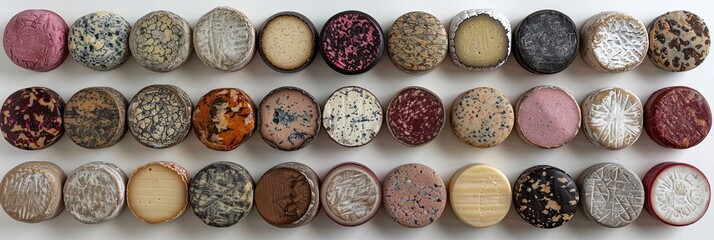 Wall Mural - A row of assorted colored cookies are displayed on a white background