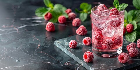 Wall Mural - A glass of pink raspberry juice is on a marble countertop