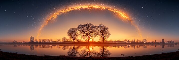 Wall Mural - a beautiful sunset with a rainbow arching over a lake