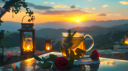 Wall Mural - a pot of morocan mint tea with lemon juice and a rose on a table and lanterns in the mountains with a beautiful sunset 4K and HD