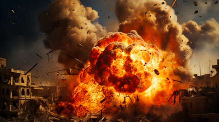 bomb blast big fire nuclear weapeon smoke broken buildings war conflict concept