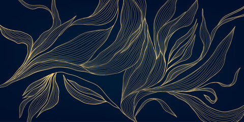 Poster - Vector linear golden leaves art deco pattern. Gold line elegant wavy texture, japanese style botanical illustration. Floral plant luxury texture, elegant wallpaper. Vintage decor print