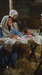 Poster - Zoom in view of Mary and Joseph receiving gifts from Wise Men near manger with son of God in stable in Bethlehem. Vertical shot.