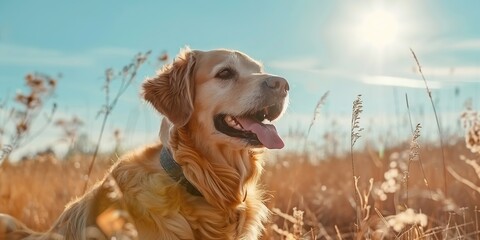 Happy dog walking in a autumnal meadow among pampass grass. Blue sky, sun. Portrait of friendly golden Retriever in the field in autumn sunlight on background. Cheerful puppy. Fall season