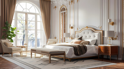 Wall Mural - Elegant bedroom interior with bedforniture and framefront view Ai generative