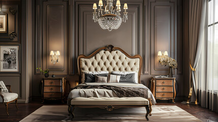 Wall Mural - Elegant bedroom interior with bedforniture and framefront view Ai generative