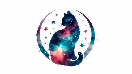 Wall Mural - Cat silhouette paint brush strokes and patter  with starry sky  in watercolor