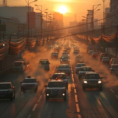 Wall Mural - A busy street with cars and a sun in the background, air pollution