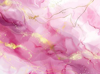 Aufkleber - Pink dusty liquid watercolor background with golden polygonal lines. Marble alcohol ink effect. Modern illustration template design for wedding invitations.