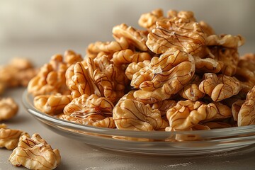 A close-up of fresh walnuts in a glass dish, highlighting their natural texture and healthy appeal.