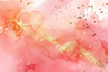 Aufkleber - Dusty blush liquid watercolor with golden crackers. Pastel pink marble alcohol ink drawing effect. Modern illustration design template for wedding invitations.