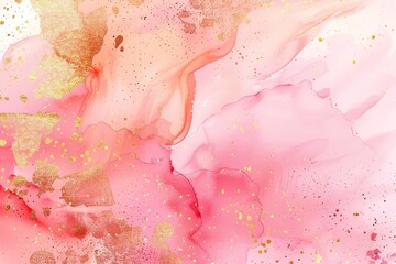 Aufkleber - Abstract dusty pink liquid watercolor background with golden crackers. Pastel pink marble alcohol ink drawing effect. Modern illustration design template for wedding invitations.