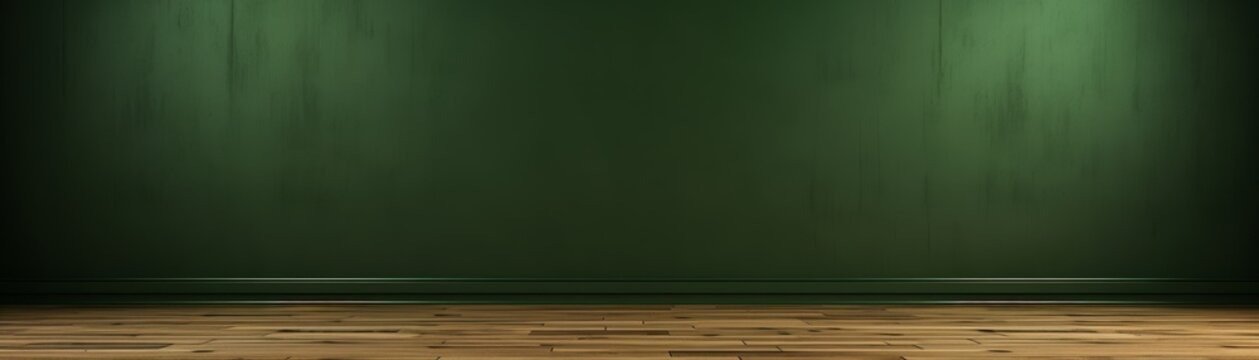 An empty room with a dark green wall and brown wooden floor.