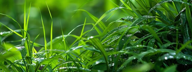 Wall Mural - Vibrant green plants peeking through the lush grass, revealing intricate details and textures on a close-up scale