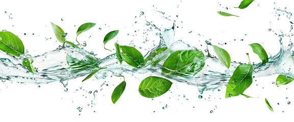 Canvas Print - Fresh green leaves splashing with water, cut out