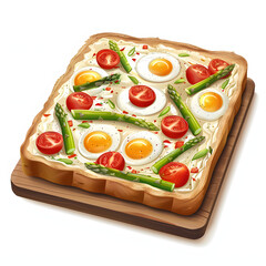 Wall Mural - Bread casserole with green asparagus, goat cheese, tomatoes and eggs on wooden table isolated on white background, realistic, png
