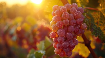 Wall Mural - A close-up of a dew-covered grape cluster with a sunrise in a vineyard backdrop