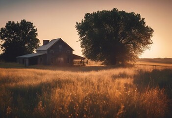 Poster - two houses in a field of grass with trees and a fence in the foreground