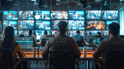 individuals at a control desk with multiple screens indicate a live broadcast operation