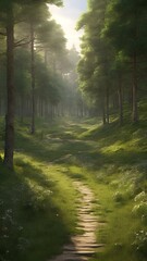 Wall Mural - AI-generated illustration of a serene path winding through a grassy forest