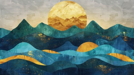 Abstract mountain range with golden sun, blue sky wallpaper