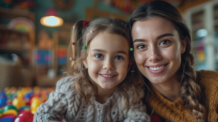 Sticker - A warm moment as mother and daughter share a smile together in a colorful indoor play area setting