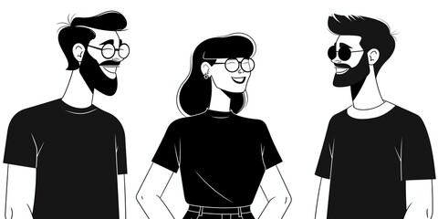 Black and white illustration of three people having a conversation, featuring two men and one woman wearing glasses, all smiling.