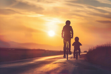 Silhouette of dad and child ride a bike together in sunset. Father's Day. Happy family, love and care concept. Background for greeting card, banner, poster . AI