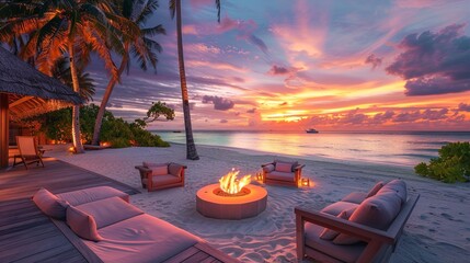 Canvas Print - beach front in Maldives at sunset