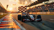 © Vovmar - Race car on the track with the winner's flag. Photo in motion. Generated by artificial intelligence