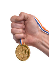 Hand hold gold sport medal isolated on transparent layered background.