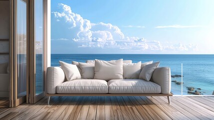 Wall Mural - Sofa on wooden floor near glass door with ocean and sky background at luxury apartment, Lounge in sea view living room of modern beach house or hotel - Summer home interior 3d illustration.