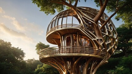 Poster - an outdoor house with trees that is constructed from metal and wood