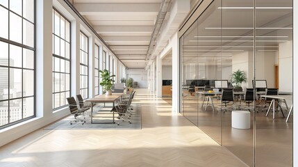 Modern spacious room for business meetings in the company office. Innovative Atmosphere: Embracing the Spirit of Progress in a Dynamic Open Space Interior