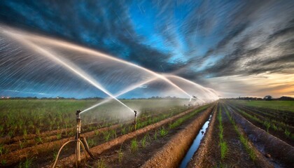 Wall Mural - The intricate dance of irrigation sprinklers watering a patch of fertile soil.