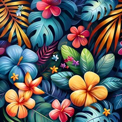 Canvas Print - vibrant tropical flowers and leaves seamless pattern