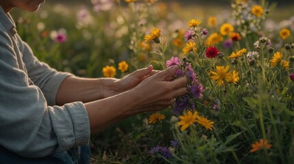 Sticker - a woman picking wildflowers on a sunny day in a field