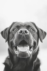 Poster - a large black dog with open eyes and wide teeth looks directly into the camera