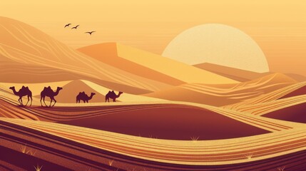 desert with camels and dunes wallpaper